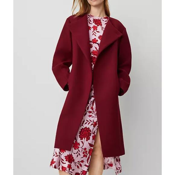 Ann Taylor NWOT Tie Waist Coat Wool Deep Red Wine Burgundy - Picture 3 of 6